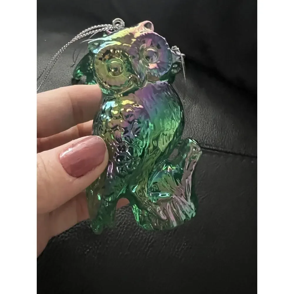 Set of 3 Iridescent Carnival Glass-Like Lucite Owl Christmas Ornaments